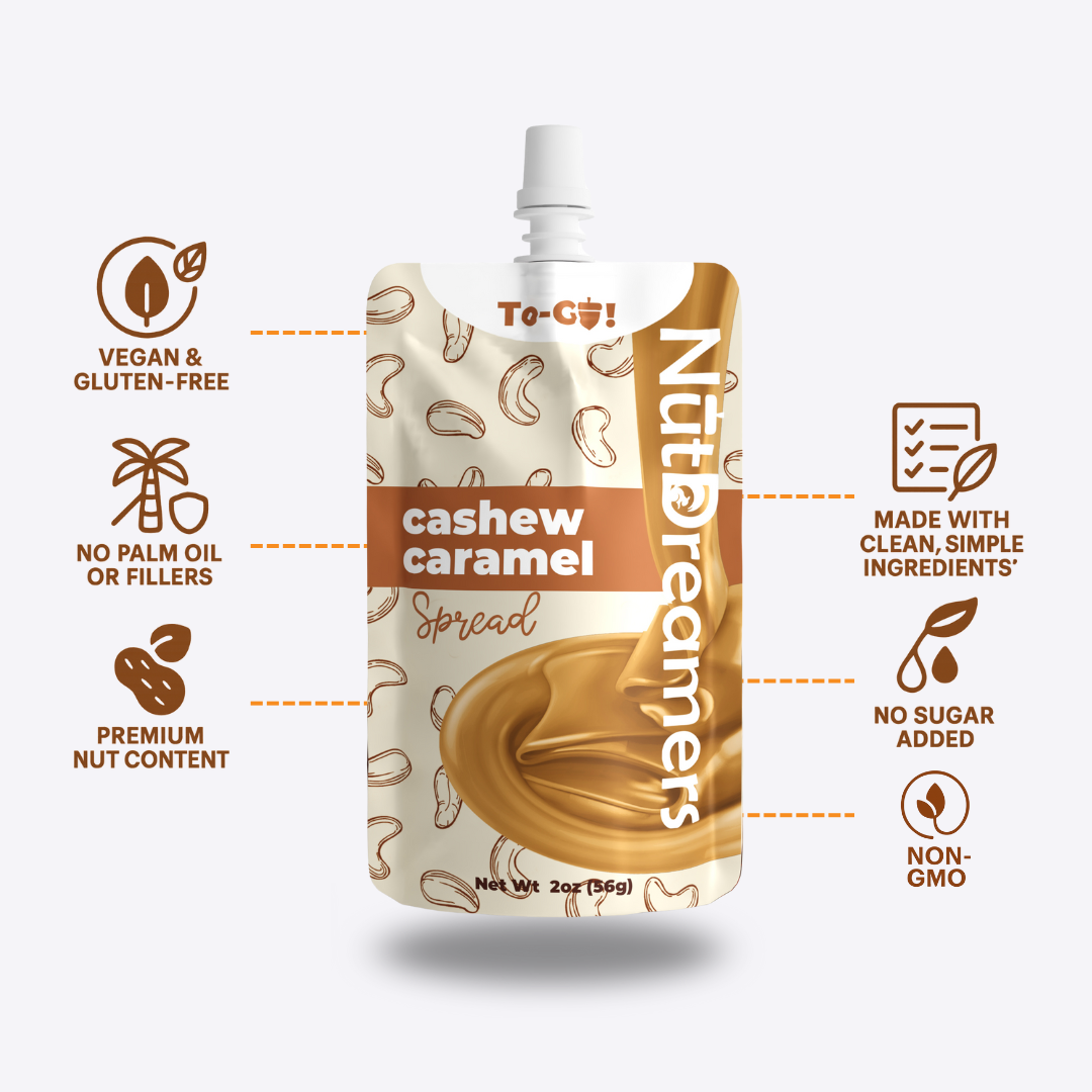 Nut Dreamer's cashew caramel spread packaging with health benefits listed on a white background