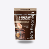 Chocolate protein pancake and waffle mix package on a white background
