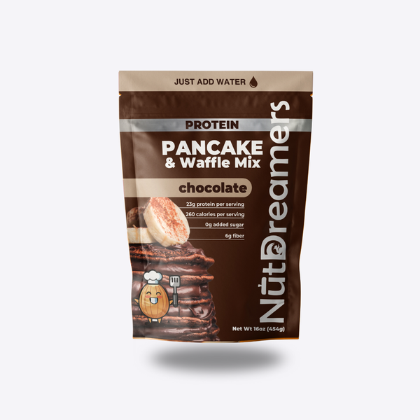 Chocolate protein pancake and waffle mix package on a white background