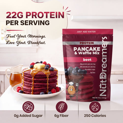 A stand-up pouch of NutDreamers Beet Pancake & Waffle Mix is shown beside a tall stack of purple pancakes topped with blueberries, syrup, and butter on a white plate, with text highlighting 22g protein per serving and nutrition claims.