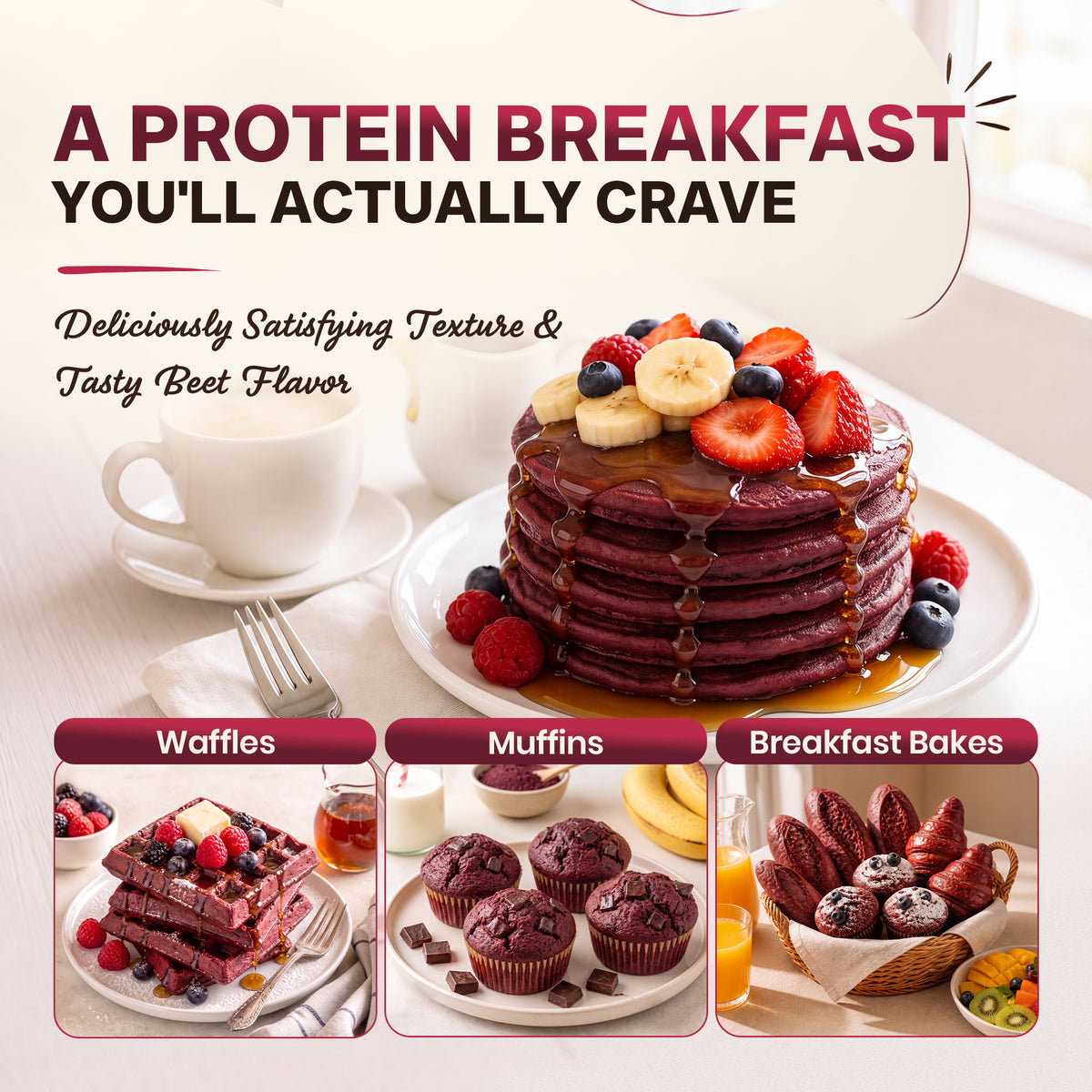 A stack of chocolate protein pancakes topped with strawberries, blueberries, banana slices, and syrup, presented on a white plate with a cup of coffee and text promoting protein breakfasts.