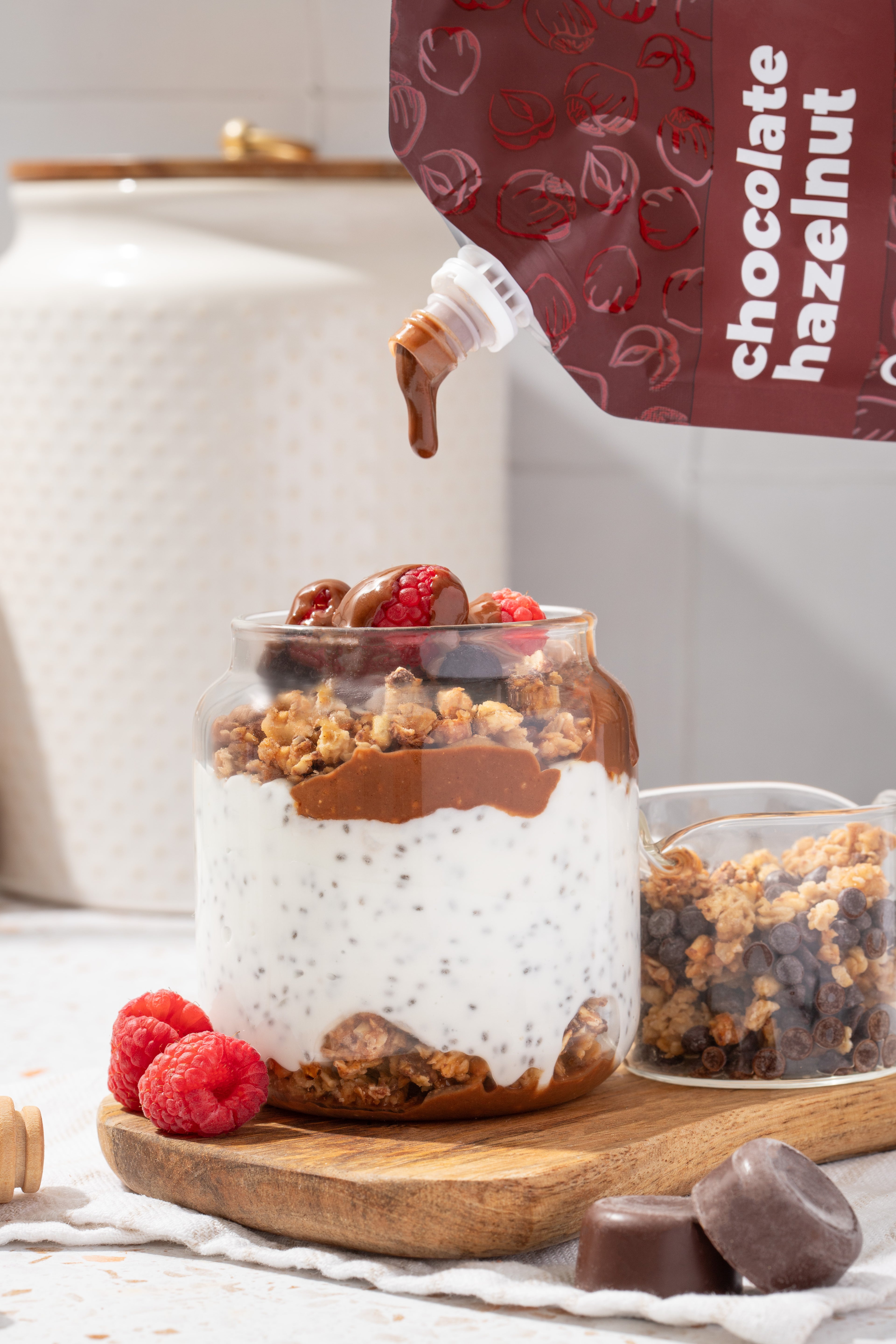 Chocolate Hazelnut Spread drizzled on granola and Yogurt