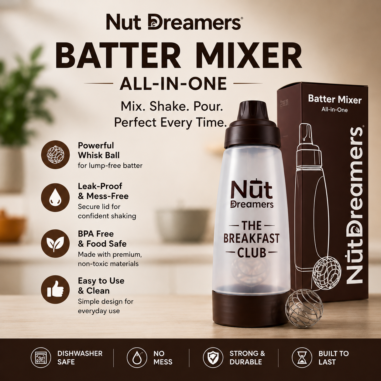 Nut Dreamers Batter Mixer All-In-One with packaging on a wooden surface.