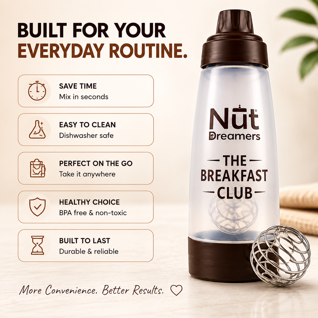 Nut Dreamers The Breakfast Club shaker bottle with features listed on a beige background