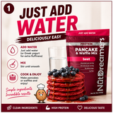Beef protein pancake and waffle mix packaging with text 'Just Add Water' and images of pancakes and a glass of water.