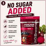 NutriDreamers beet protein pancake and waffle mix package with ingredients listed on a white background.