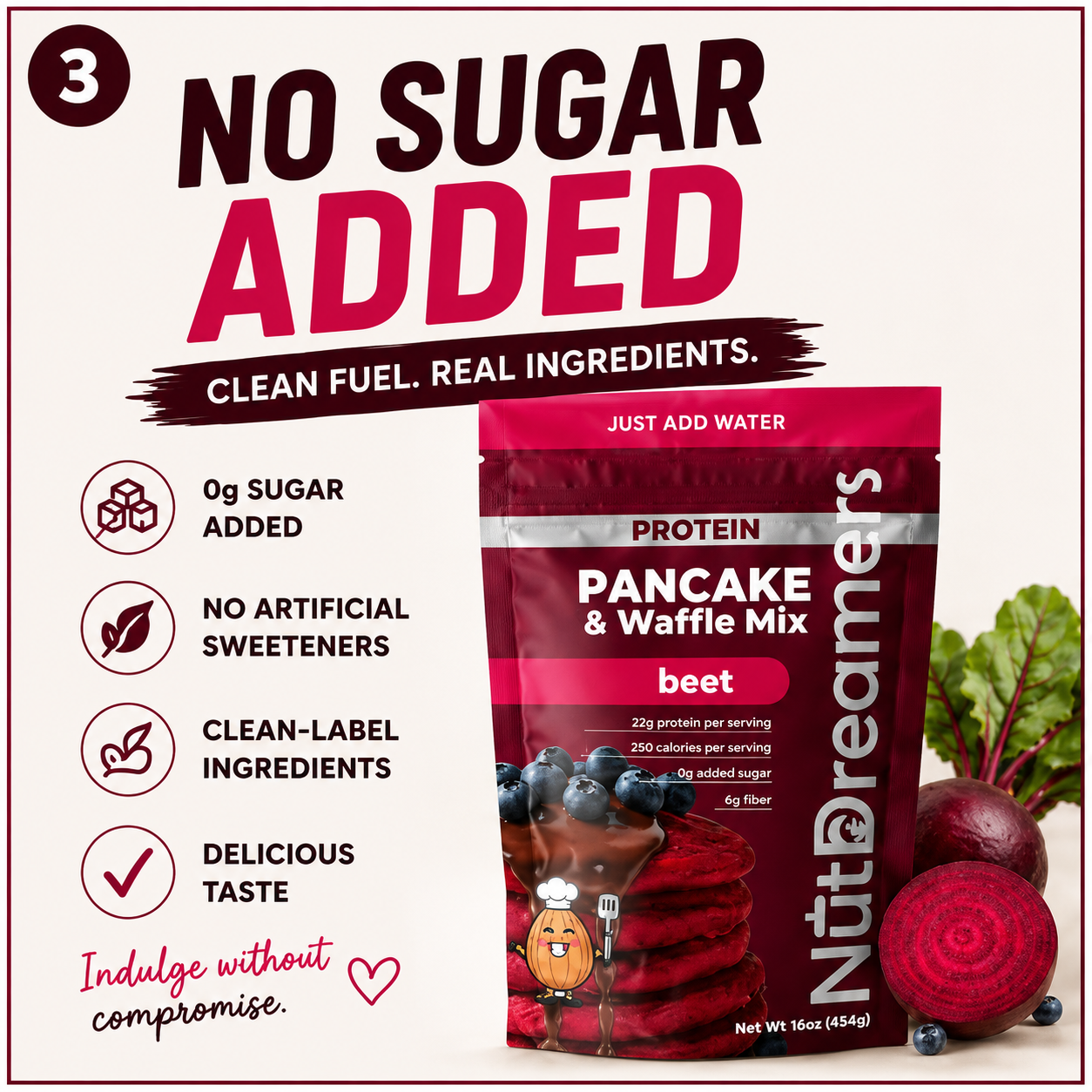 NutriDreamers beet protein pancake and waffle mix package with ingredients listed on a white background.