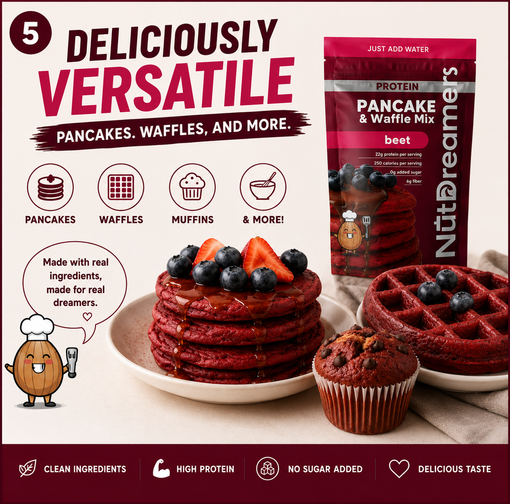 Red velvet pancakes, waffles, and muffins with Nutridermers protein pancake and waffle mix packaging.