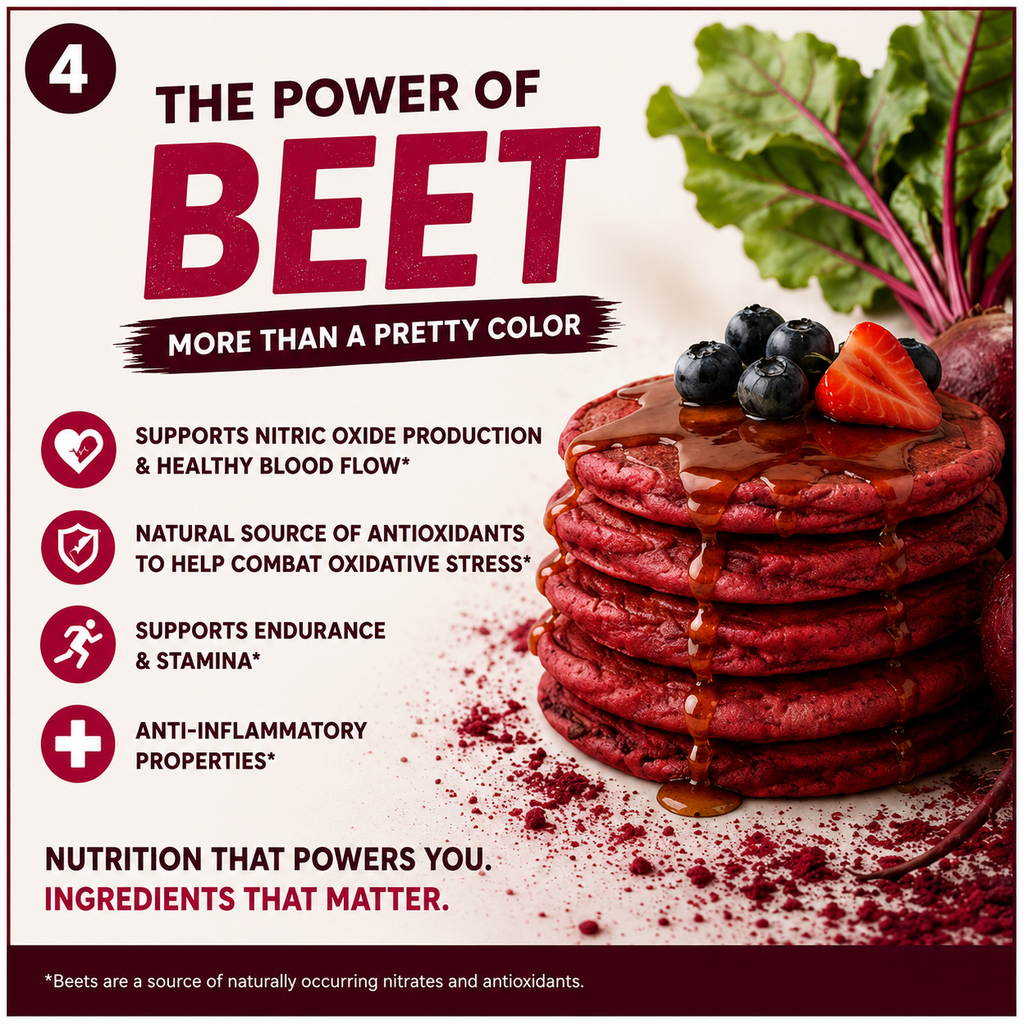 Red beet pancakes with berries and a list of health benefits on a white background