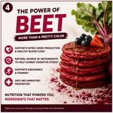 Red beet pancakes with berries and a list of health benefits on a white background