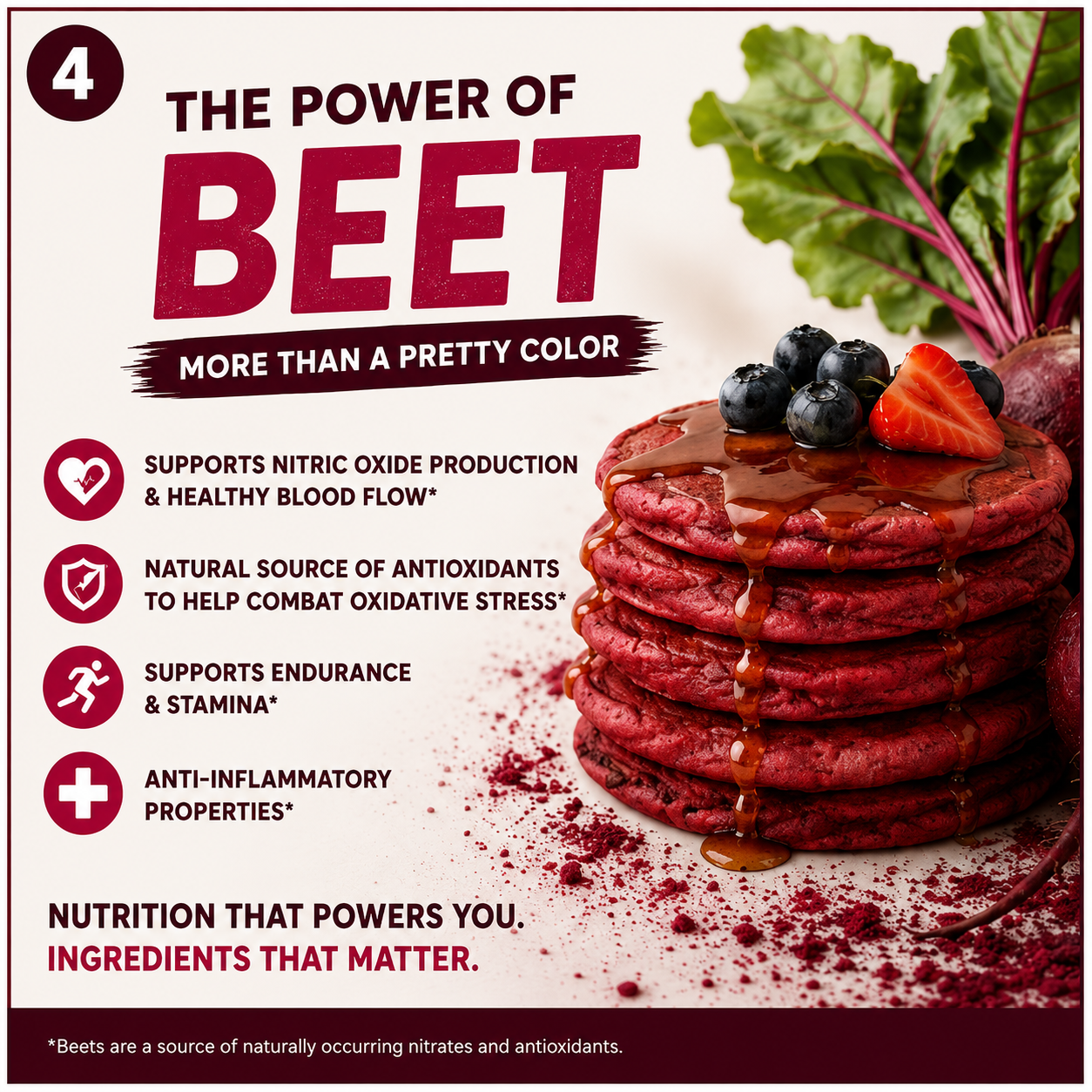 Red beet pancakes with berries and a list of health benefits on a white background