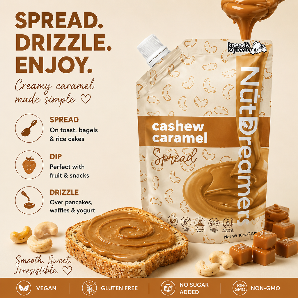 NutDreamer cashew caramel spread packaging with toast and candies on a beige background