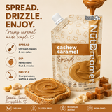NutDreamer cashew caramel spread packaging with toast and candies on a beige background