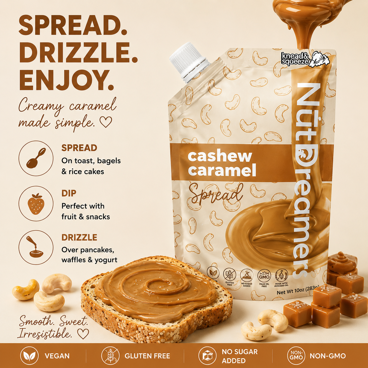 NutDreamer cashew caramel spread packaging with toast and candies on a beige background