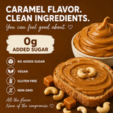 Caramel-flavored spread on toast with cashews, featuring text about clean ingredients and health benefits.