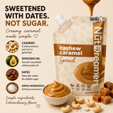 NutDreamers cashew caramel spread packaging with ingredients listed on a beige background