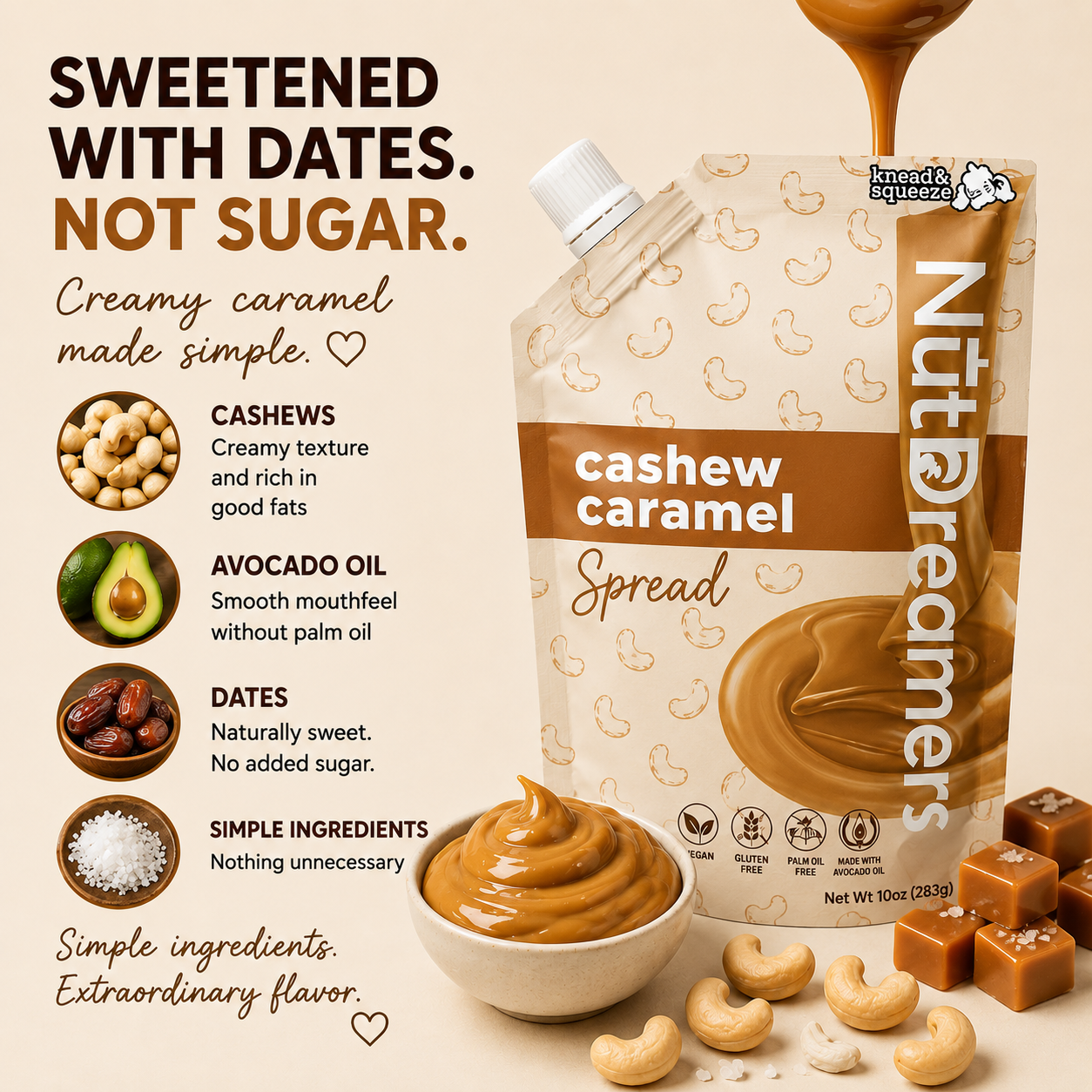 NutDreamers cashew caramel spread packaging with ingredients listed on a beige background