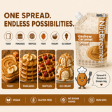 Advertisement for NutDreamers cashew caramel spread with images of its uses on various foods.