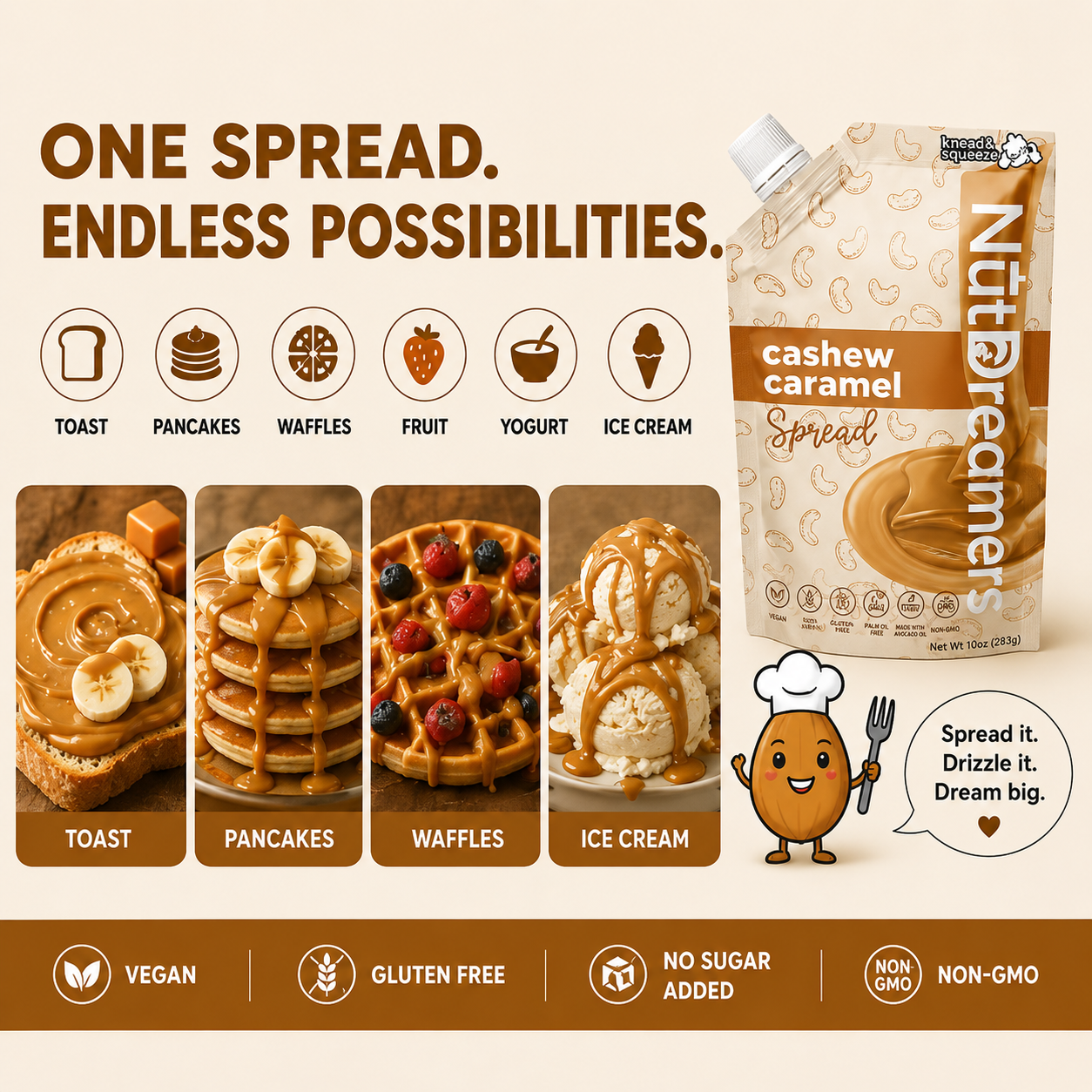 Advertisement for NutDreamers cashew caramel spread with images of its uses on various foods.