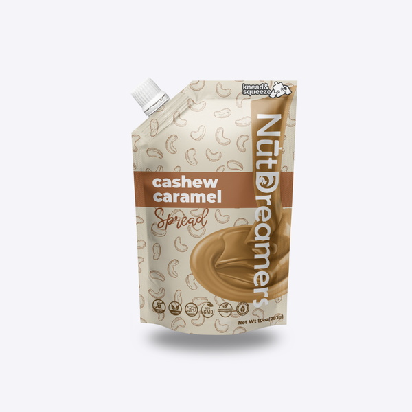 NutDreamer cashew caramel spread packaging on a white background