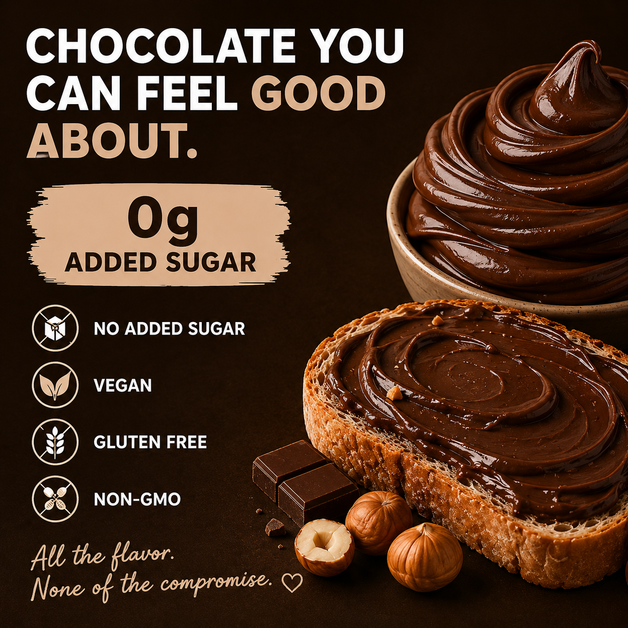 Chocolate spread on bread with health benefits text on a dark background