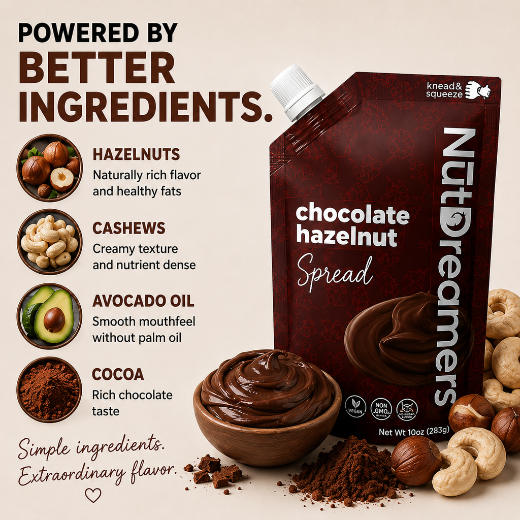 NutDreamers chocolate hazelnut spread packaging with ingredients listed on a beige background