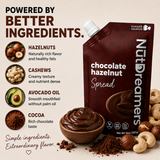 NutDreamers chocolate hazelnut spread packaging with ingredients listed on a beige background