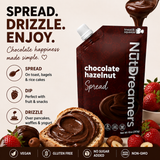 NutDreamers chocolate hazelnut spread packaging with usage instructions and product display.