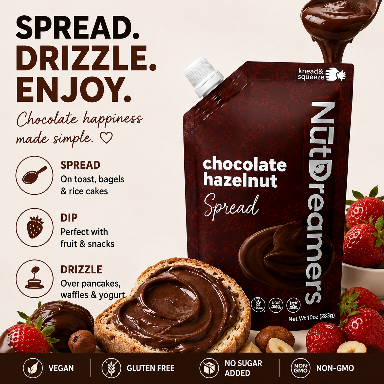 NutDreamers chocolate hazelnut spread packaging with usage instructions and product display.