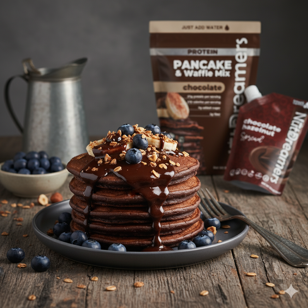 Stack of chocolate pancakes with blueberries and nuts on a plate, with Dreamery Pancake & Waffle Mix in the background.