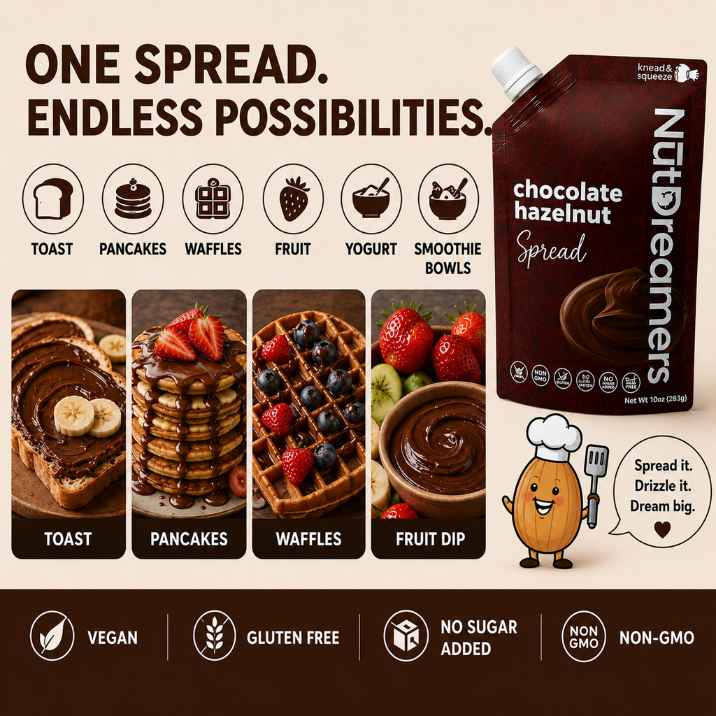 Promotional image of Nut Dreamers chocolate hazelnut spread with usage examples and product packaging.