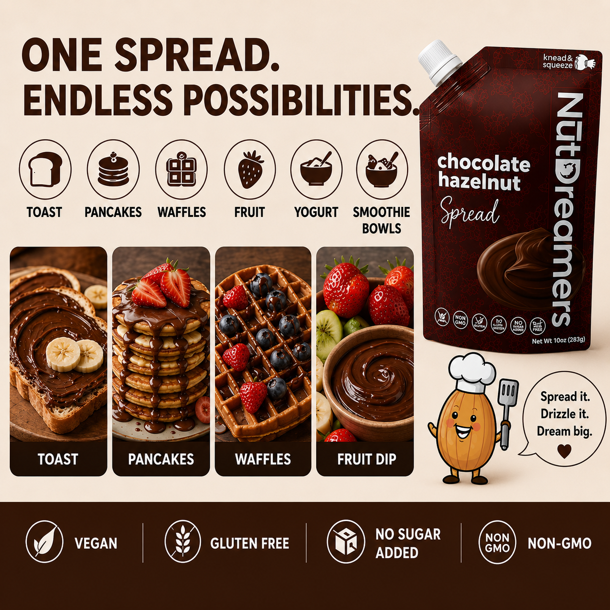 Promotional image of Nut Dreamers chocolate hazelnut spread with usage examples and product packaging.