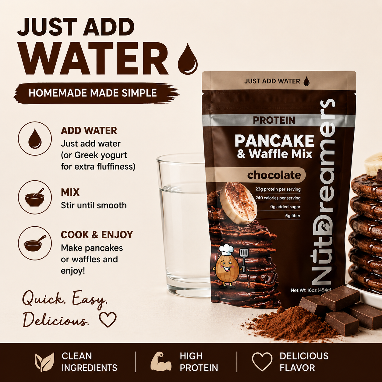 Chocolate protein pancake and waffle mix packaging with a glass of water on a beige background.
