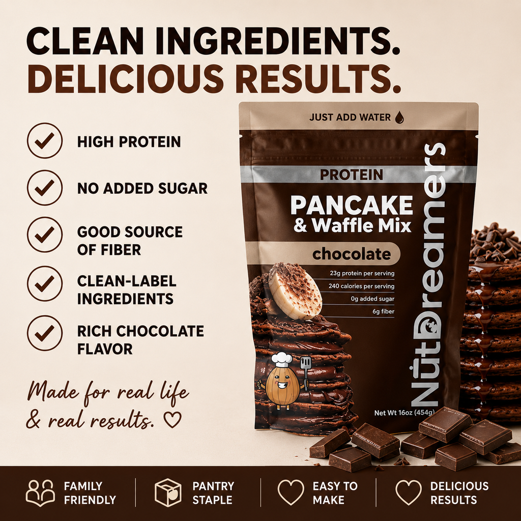 Chocolate protein pancake and waffle mix packaging with ingredients listed on a beige background