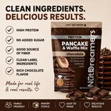 Chocolate protein pancake and waffle mix packaging with ingredients listed on a beige background