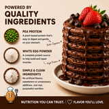 Chocolate protein pancakes with strawberries and chocolate drizzle, featuring ingredients and benefits text.