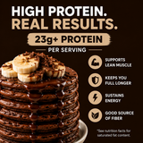 Stack of chocolate protein pancakes with bananas and chocolate shavings, featuring text about high protein content and benefits.