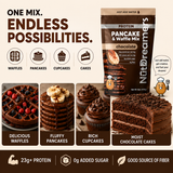 NuttDreamers Protein Pancake & Waffle Mix chocolate flavor packaging with images of waffles, pancakes, cupcakes, and cake.