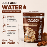 Nutridermers Protein Pancake & Waffle Mix packaging with cinnamon flavor, showing a glass of water and a scoop of ice cream.
