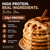 Stack of pancakes with syrup and cinnamon sticks on a plate, with text about high protein content and benefits.