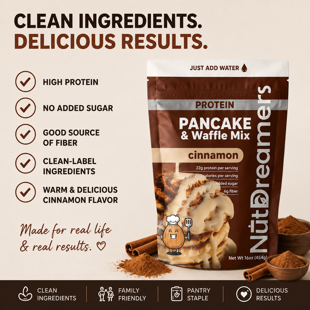 Nutra Dreamers Protein Pancake & Waffle Mix cinnamon flavor packaging with product details on a beige background.