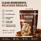 Nutra Dreamers Protein Pancake & Waffle Mix cinnamon flavor packaging with product details on a beige background.