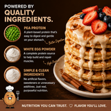 Stack of pancakes with berries and syrup on a plate, featuring protein ingredients text on a dark background.