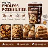 Nutt Dreamer Protein Pancake & Waffle Mix packaging with examples of baked goods on a beige background.