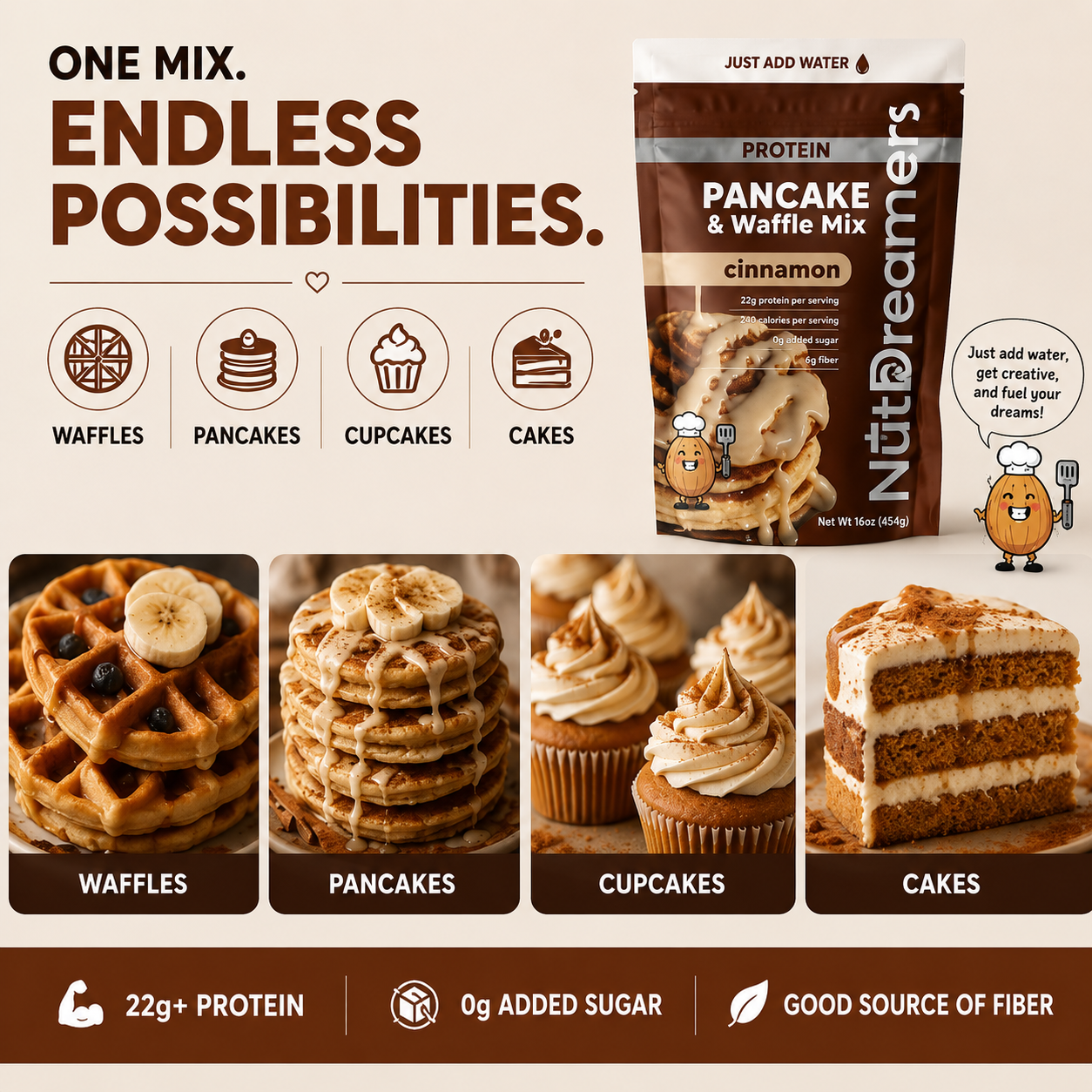 Nutt Dreamer Protein Pancake & Waffle Mix packaging with examples of baked goods on a beige background.