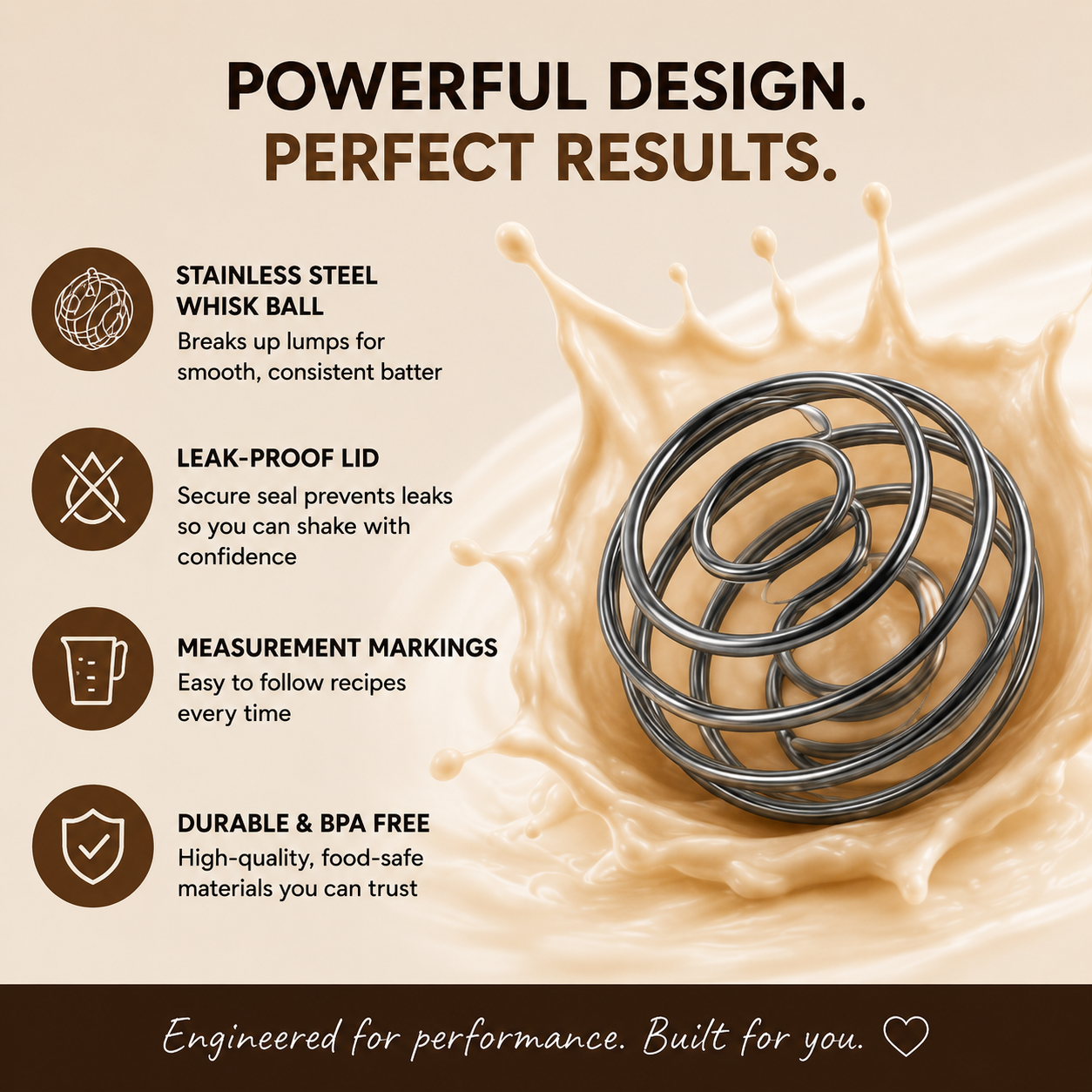 Metal whisk ball with features listed on a beige background
