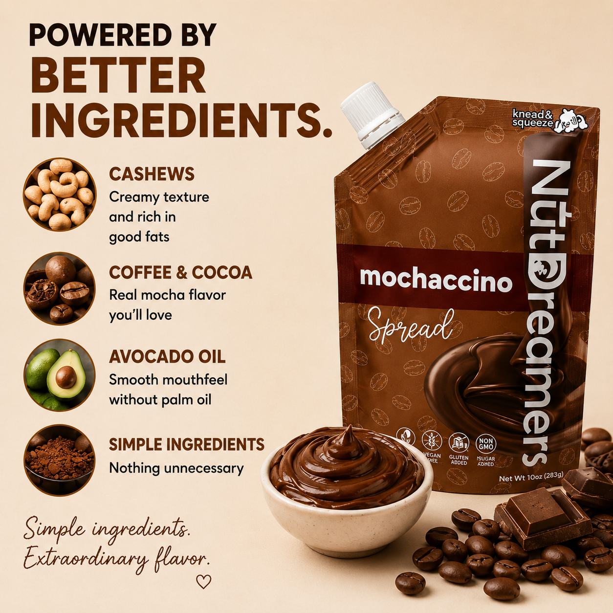 Nut Dreamers Mochaccino Spread packaging with ingredients listed on a beige background