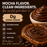 Chocolate spread on bread and in a bowl with health benefits text on a brown background