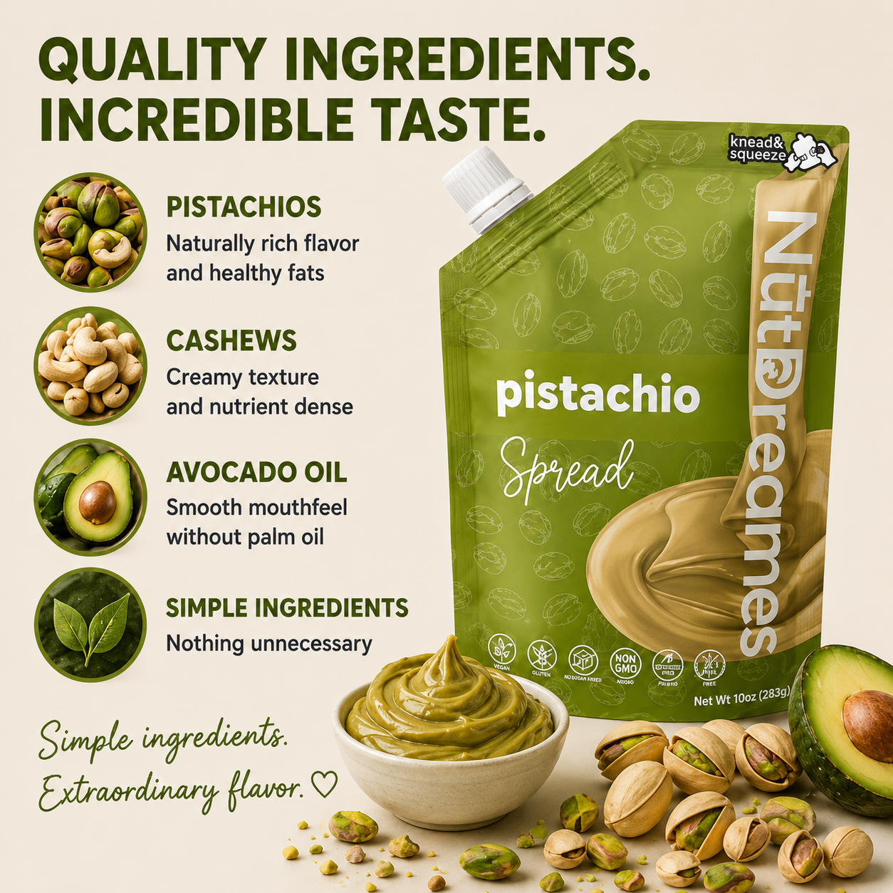 NutDreames pistachio spread packaging with ingredients listed on a beige background