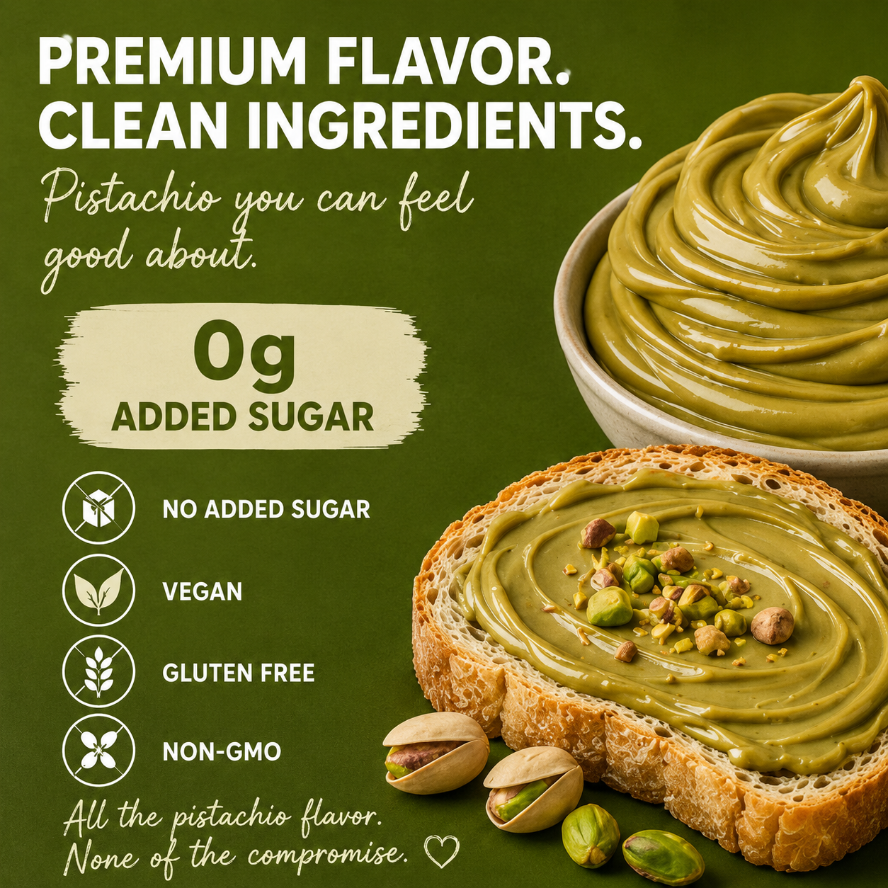 Pistachio spread on bread with text highlighting health benefits on a green background